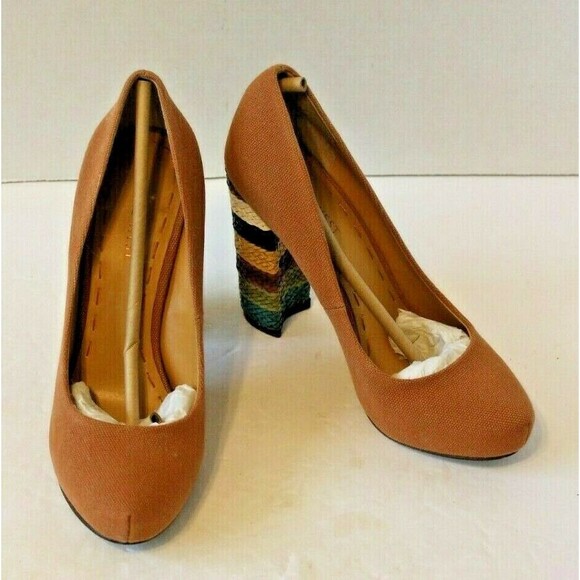 Nine West Heels Tan Canvas Pumps Chunky Braided Boho Shoes w/Box Sz 6.5 M - Picture 3 of 9